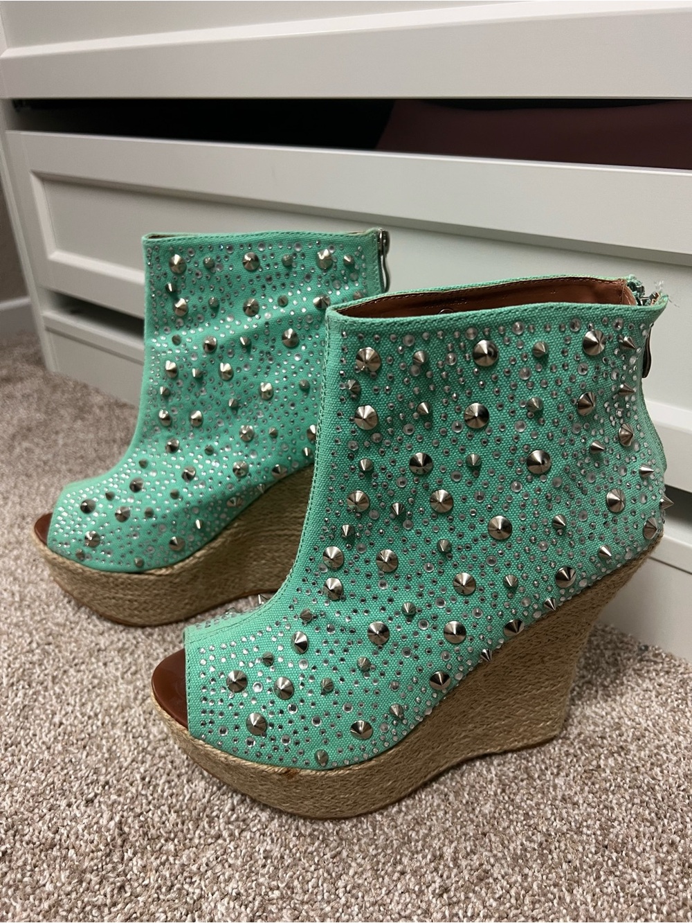 Studded Mint Green Wedge Peep-Toe Booties
